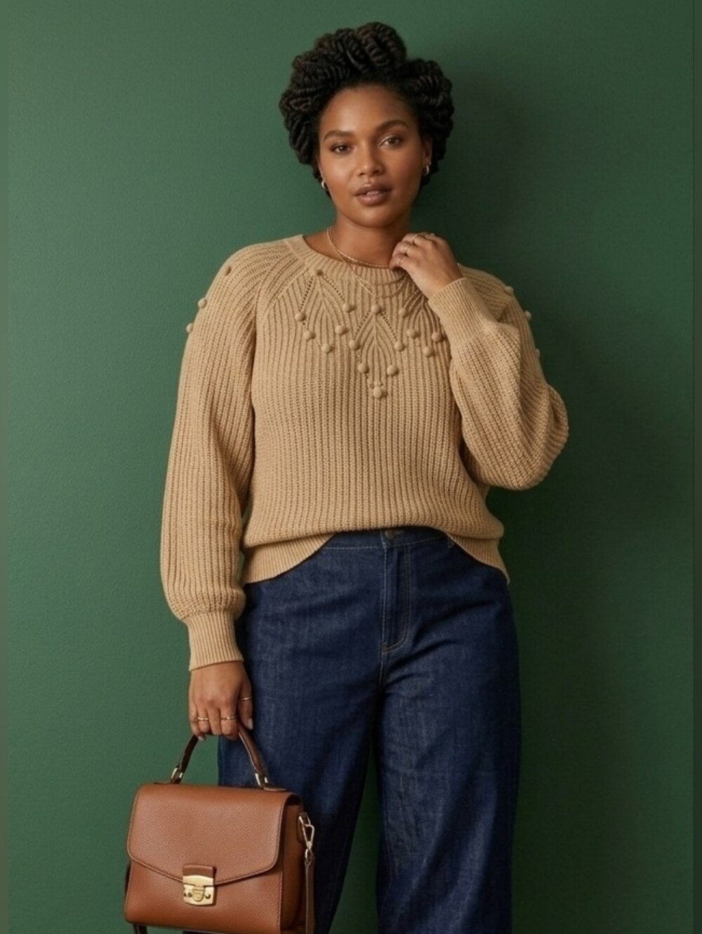 Tribal Jeans Beige Pom-Pom Knit Sweater - Women's Cozy Pullover